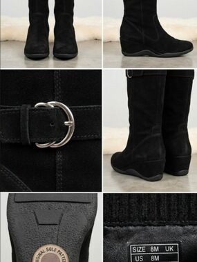 Anne Klein Black Suede KNEE-HIGH Wedge Boots with Silver Buckle